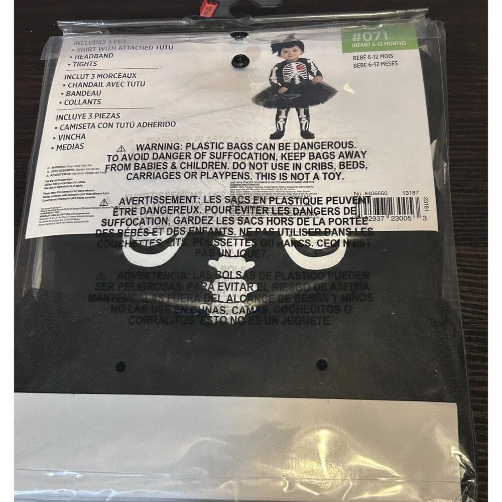 Baby Bones Infant Skeleton Costume 6-12 Months Halloween Tutu New Black White